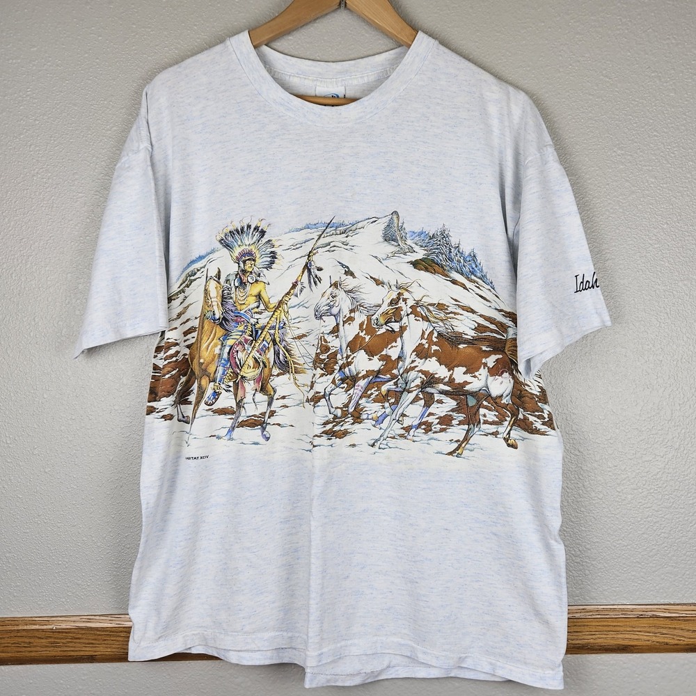 VTG IDAHO Native American Horses Wrap Around All Over Print T-Shirt XL Habitat